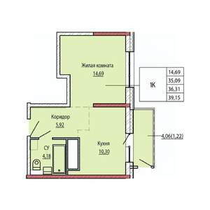 1-к квартира, строящийся дом, 36м2, 14/25 этаж