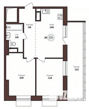 2-к квартира, строящийся дом, 54м2, 16/23 этаж