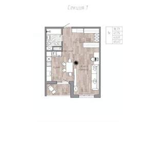 1-к квартира, строящийся дом, 44м2, 2/4 этаж