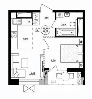 2-к квартира, строящийся дом, 34м2, 9/17 этаж