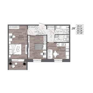2-к квартира, строящийся дом, 55м2, 6/10 этаж