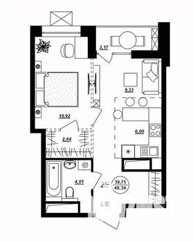 2-к квартира, строящийся дом, 40м2, 5/17 этаж