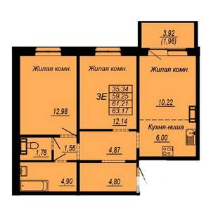 3-к квартира, строящийся дом, 61м2, 6/10 этаж