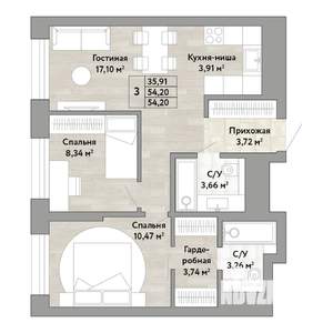 3-к квартира, строящийся дом, 54м2, 22/22 этаж