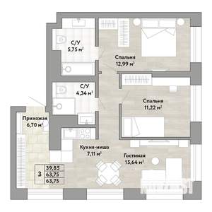 3-к квартира, строящийся дом, 64м2, 11/22 этаж