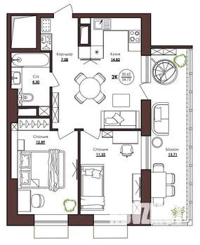 2-к квартира, вторичка, 54м2, 13/23 этаж