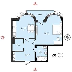 2-к квартира, строящийся дом, 59м2, 6/25 этаж