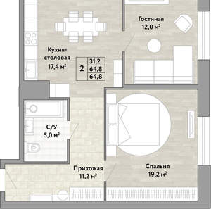 2-к квартира, вторичка, 65м2, 8/22 этаж