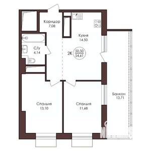 2-к квартира, вторичка, 55м2, 19/23 этаж