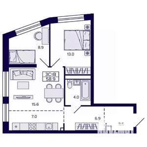 3-к квартира, строящийся дом, 59м2, 14/22 этаж