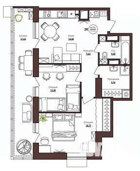 2-к квартира, строящийся дом, 70м2, 13/23 этаж