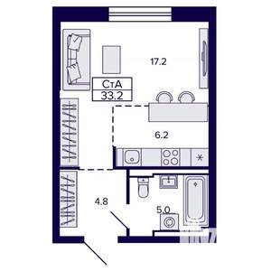 Студия квартира, строящийся дом, 33м2, 14/22 этаж