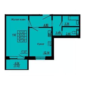 1-к квартира, строящийся дом, 45м2, 1/10 этаж