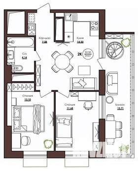 2-к квартира, вторичка, 55м2, 19/23 этаж