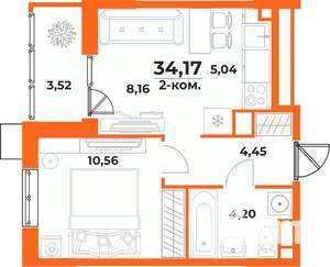 2-к квартира, вторичка, 34м2, 9/10 этаж