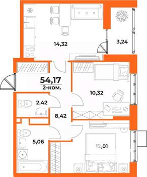 2-к квартира, вторичка, 54м2, 8/10 этаж