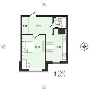 1-к квартира, строящийся дом, 47м2, 2/25 этаж