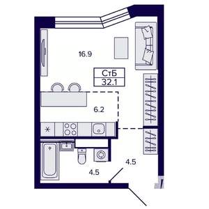 1-к квартира, строящийся дом, 32м2, 17/22 этаж