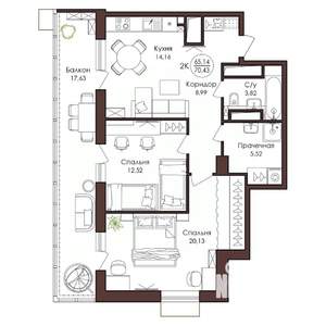 2-к квартира, вторичка, 70м2, 20/23 этаж