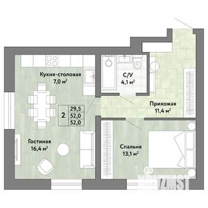 2-к квартира, строящийся дом, 52м2, 1/22 этаж