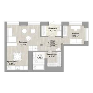 3-к квартира, строящийся дом, 77м2, 1/22 этаж