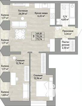 3-к квартира, вторичка, 70м2, 18/22 этаж