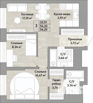 3-к квартира, вторичка, 54м2, 19/22 этаж