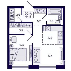 2-к квартира, строящийся дом, 44м2, 9/22 этаж
