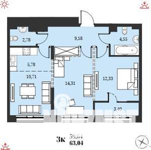 3-к квартира, строящийся дом, 63м2, 13/19 этаж