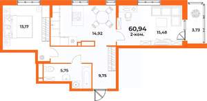2-к квартира, вторичка, 61м2, 2/10 этаж
