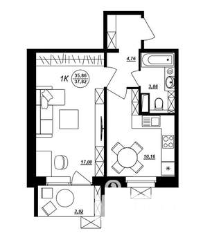 1-к квартира, строящийся дом, 38м2, 7/10 этаж