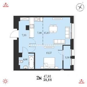 2-к квартира, вторичка, 51м2, 7/19 этаж