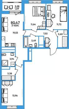 3-к квартира, вторичка, 80м2, 7/17 этаж