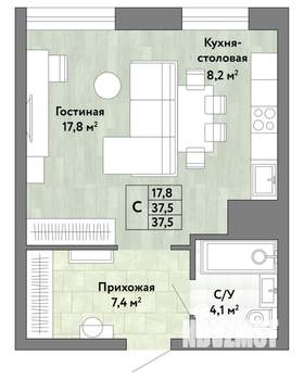 1-к квартира, строящийся дом, 38м2, 7/22 этаж