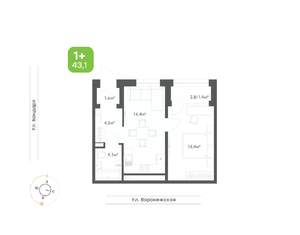 1-к квартира, вторичка, 43м2, 1/9 этаж