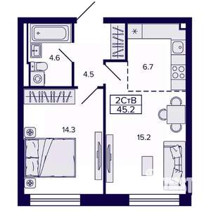 2-к квартира, строящийся дом, 45м2, 11/22 этаж