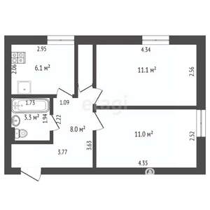 2-к квартира, вторичка, 41м2, 4/4 этаж