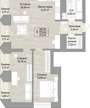 3-к квартира, вторичка, 70м2, 18/22 этаж