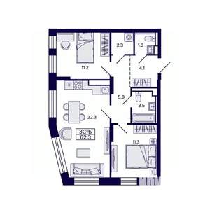 3-к квартира, строящийся дом, 62м2, 26/30 этаж
