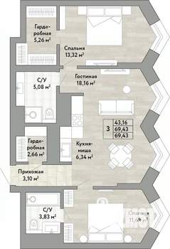 3-к квартира, вторичка, 69м2, 21/22 этаж