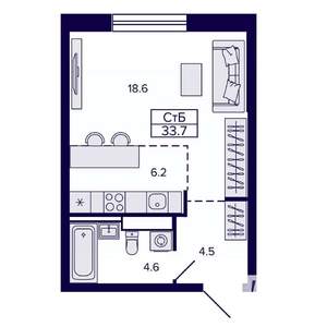 Студия квартира, строящийся дом, 34м2, 11/22 этаж