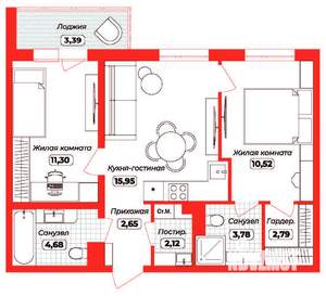 2-к квартира, вторичка, 56м2, 2/12 этаж