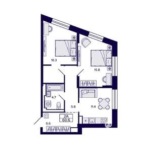 2-к квартира, строящийся дом, 61м2, 26/30 этаж