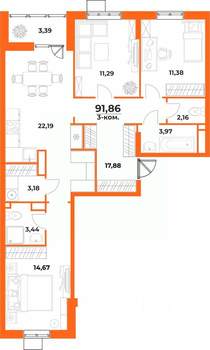 3-к квартира, вторичка, 92м2, 9/10 этаж
