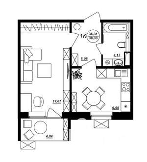 1-к квартира, строящийся дом, 38м2, 3/10 этаж