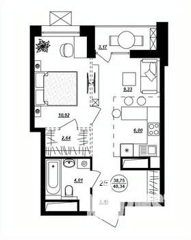 2-к квартира, строящийся дом, 40м2, 3/17 этаж
