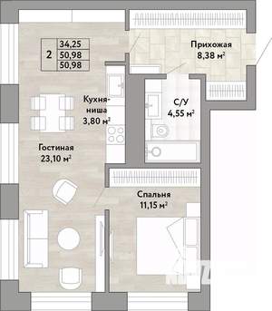 2-к квартира, вторичка, 51м2, 19/22 этаж