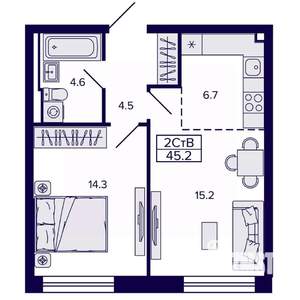 2-к квартира, строящийся дом, 45м2, 19/22 этаж