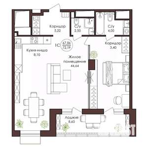 1-к квартира, вторичка, 72м2, 22/23 этаж