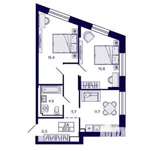 2-к квартира, строящийся дом, 61м2, 14/30 этаж